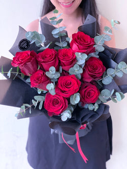 Red Roses with Eucalyptus (Mysterious - Premium Kenya Roses)