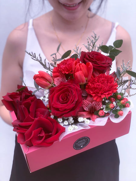 Mother's Day Fresh Flowers Box (Premium Kenya Red Roses, Carnation & Tulips)