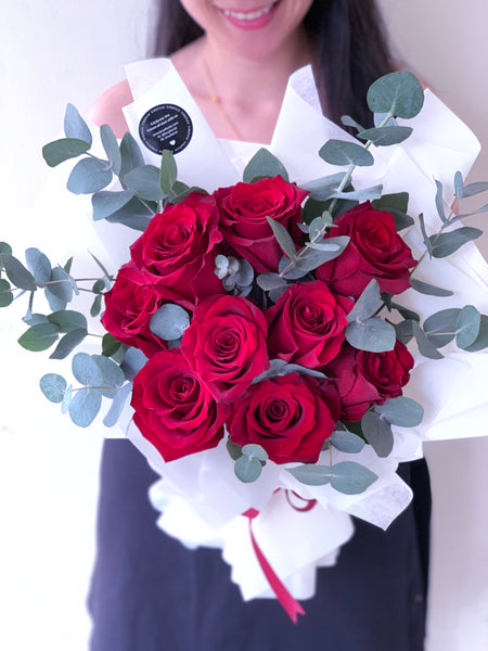 Red Roses with Eucalyptus (Elegant - Premium Kenya Roses)